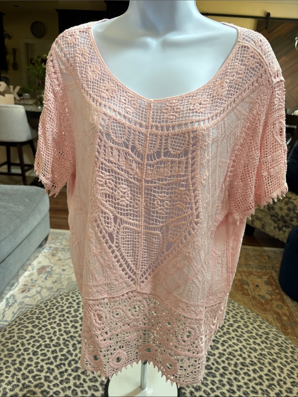 Ultra Pink Crochet Lace Tunic Top in Light Peach Pink